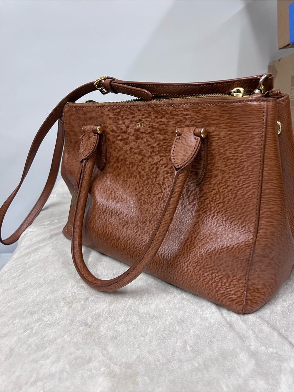 Lauren Ralph Lauren Brown Leather Satchel Bag purse adjustable strap